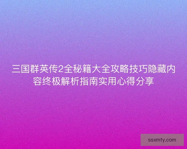 三国群英传2全秘籍大全攻略技巧隐藏内容终极解析指南实用心得分享